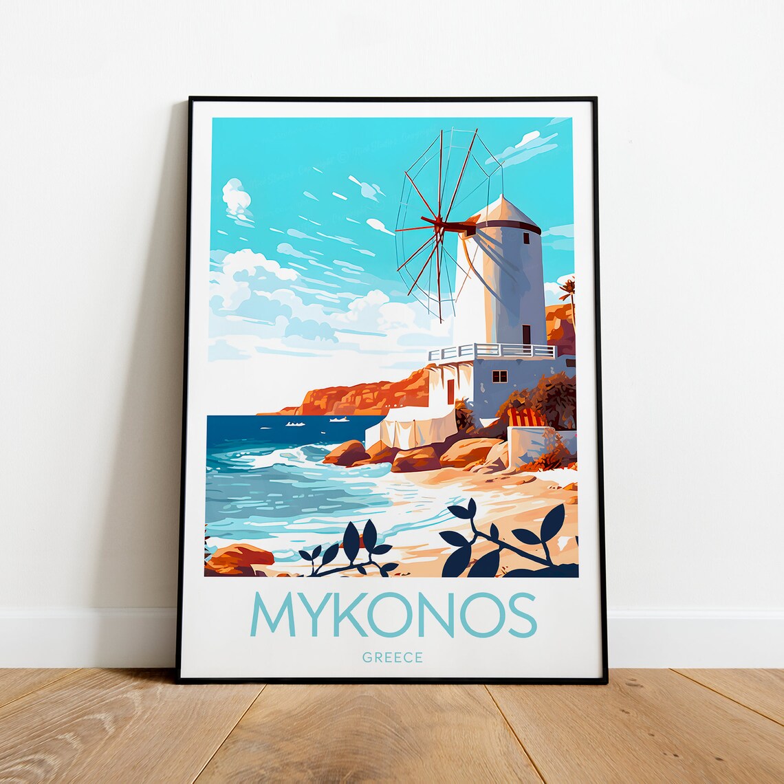 Mykonos Greece White Windmill Rocky Coast Turquoise Sea Travel Poster