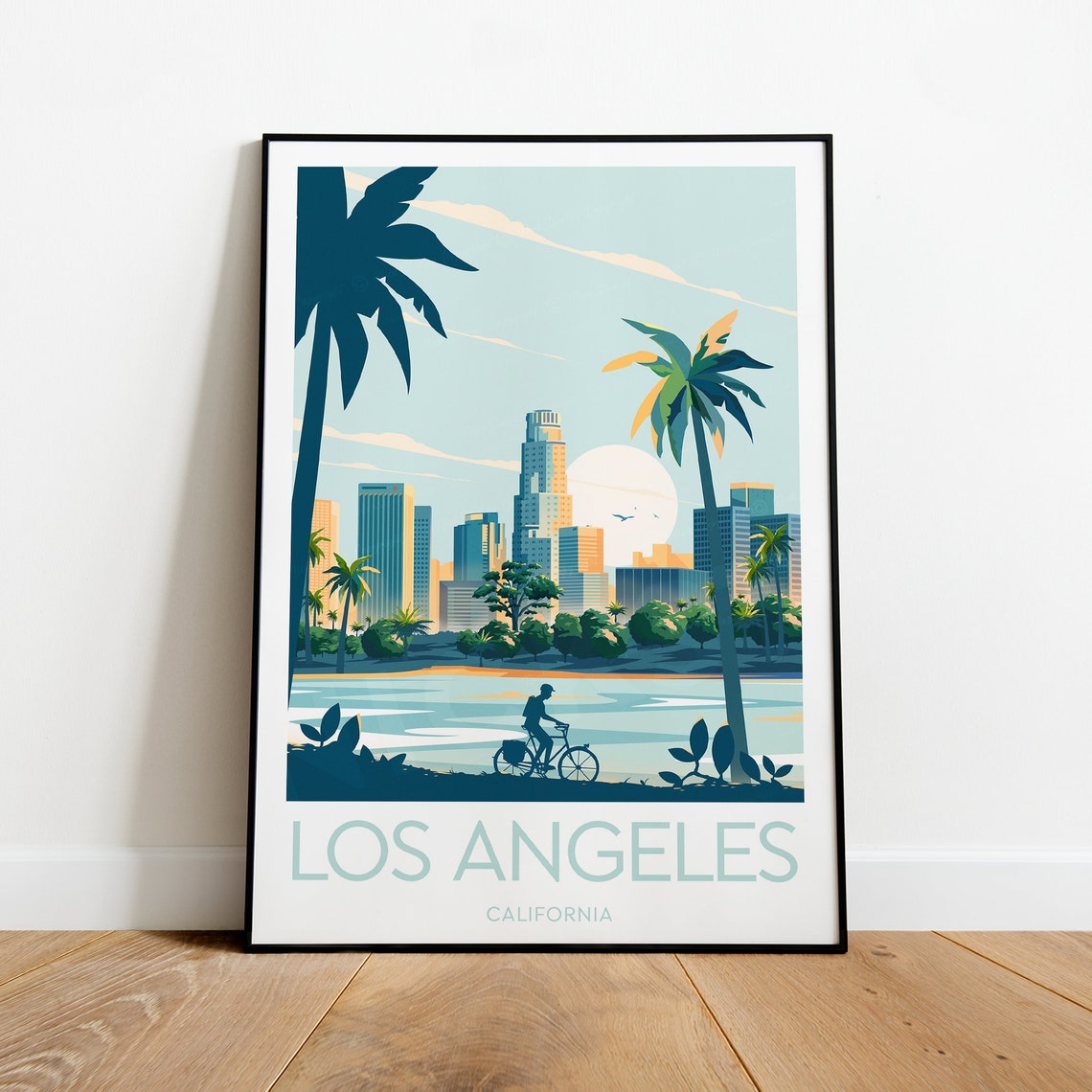 Los Angeles California Cyclist Lakeside Palm Tree Skyline Poster