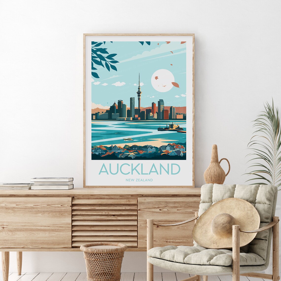 Auckland New Zealand Sky Tower Harbor Skyline Evening Travel Poster