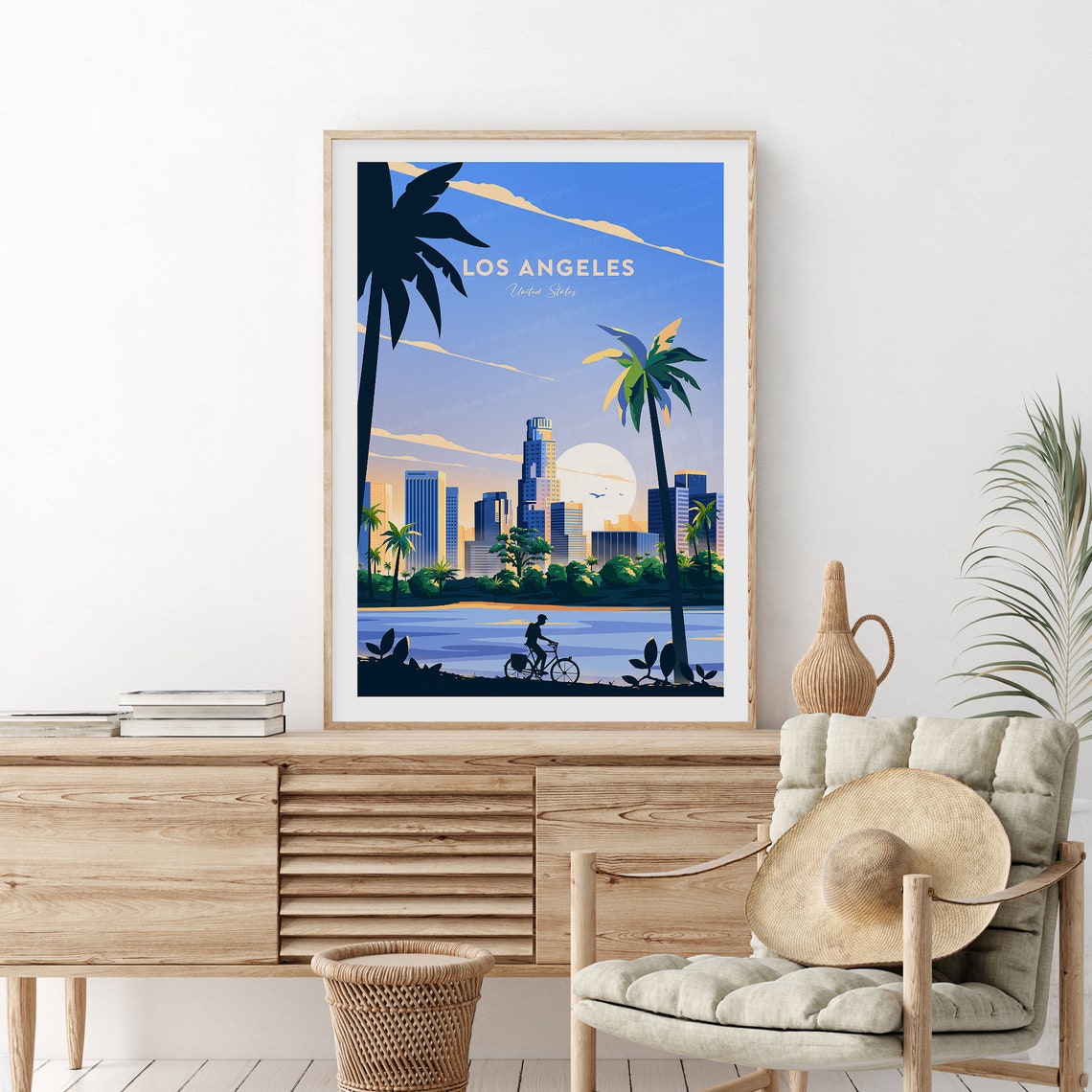 Los Angeles California Downtown Skyline Palms Sunset Scene Poster