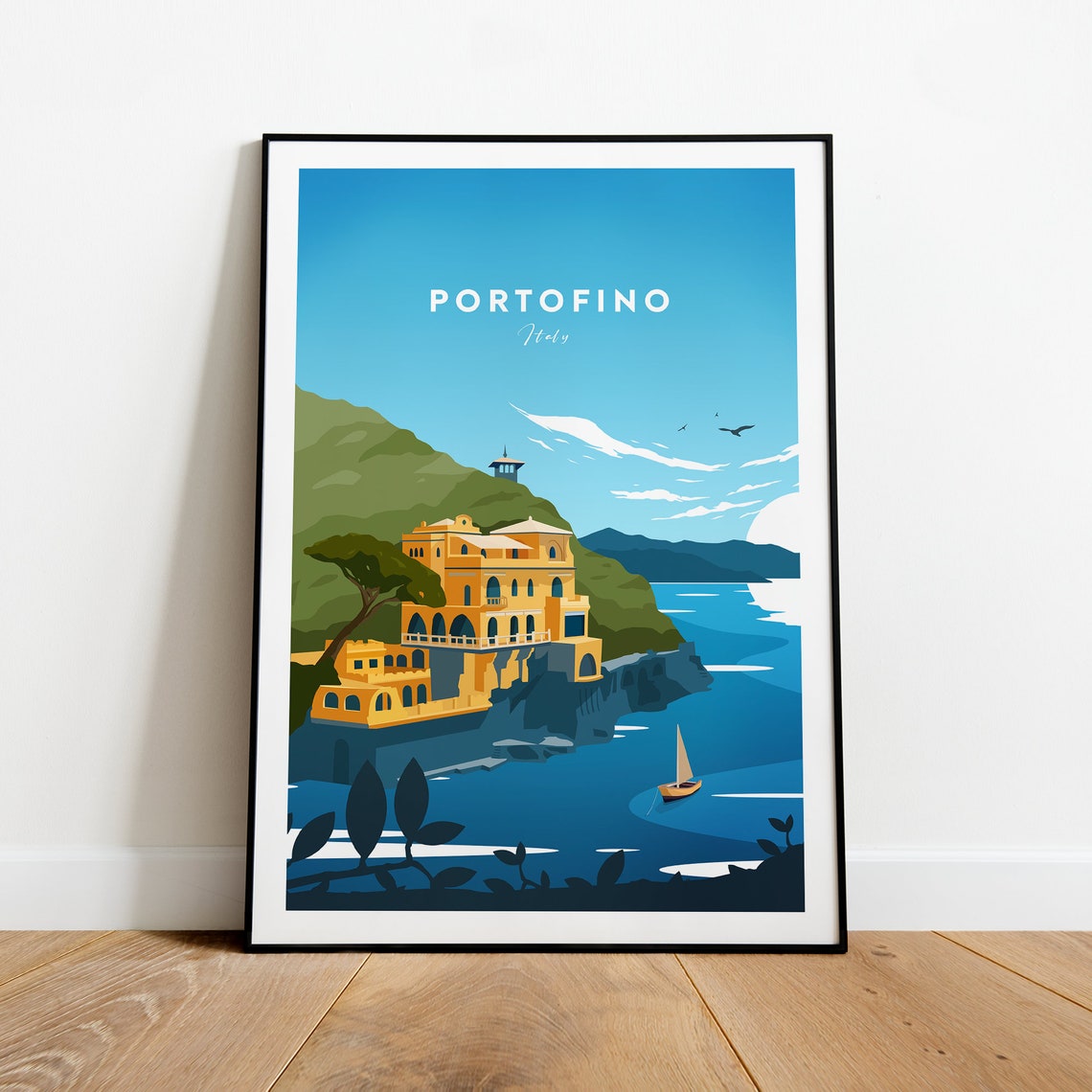 Portofino Italy Cliffside Villa Harbor Sailboat Seascape Poster