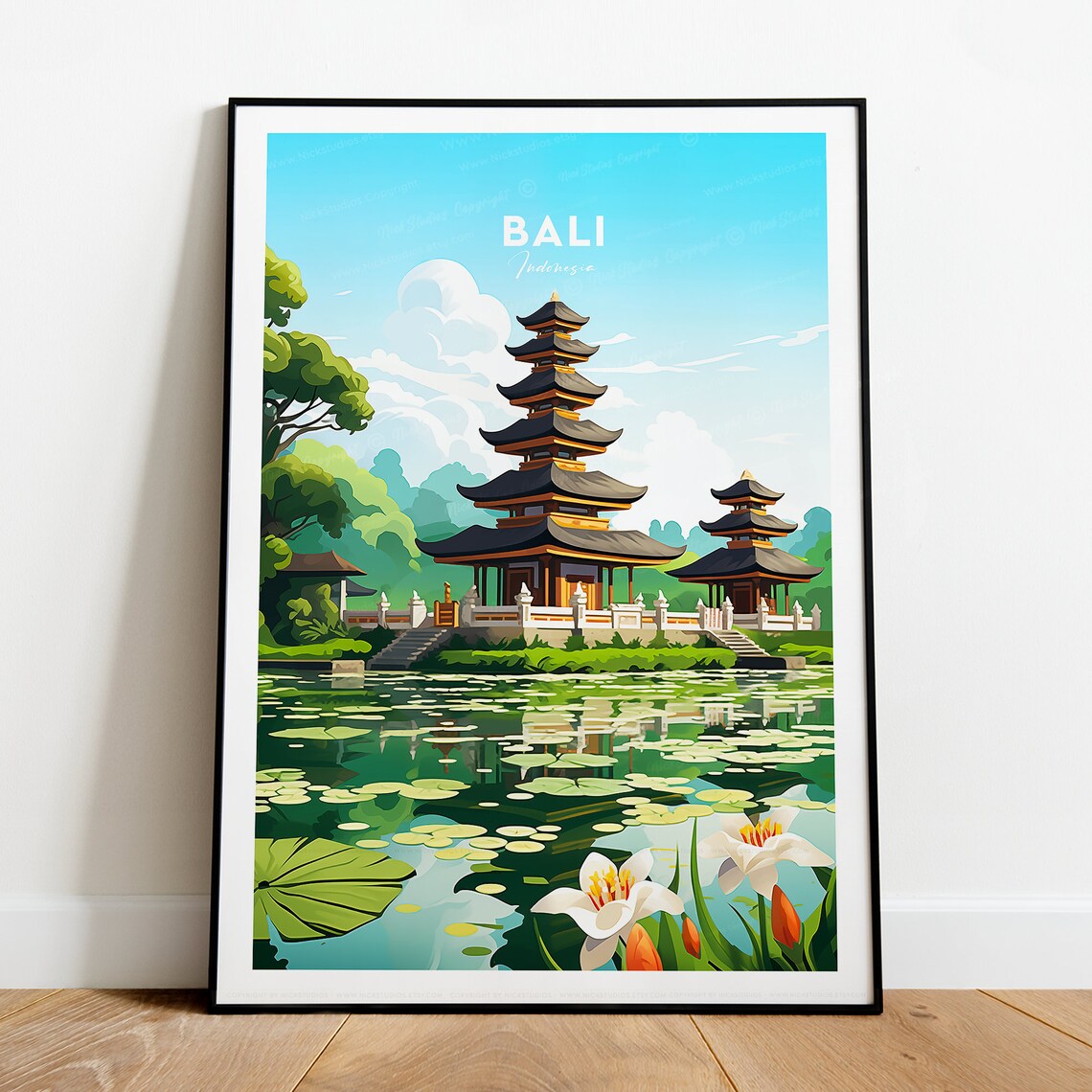 Bali Indonesia Serene Lake Temple Lotus Flowers Travel Poster