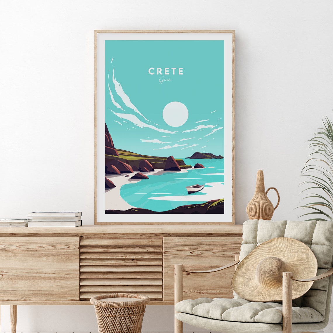 Crete Greece Red Cliffs Cove With Boat on Turquoise Sea Poster
