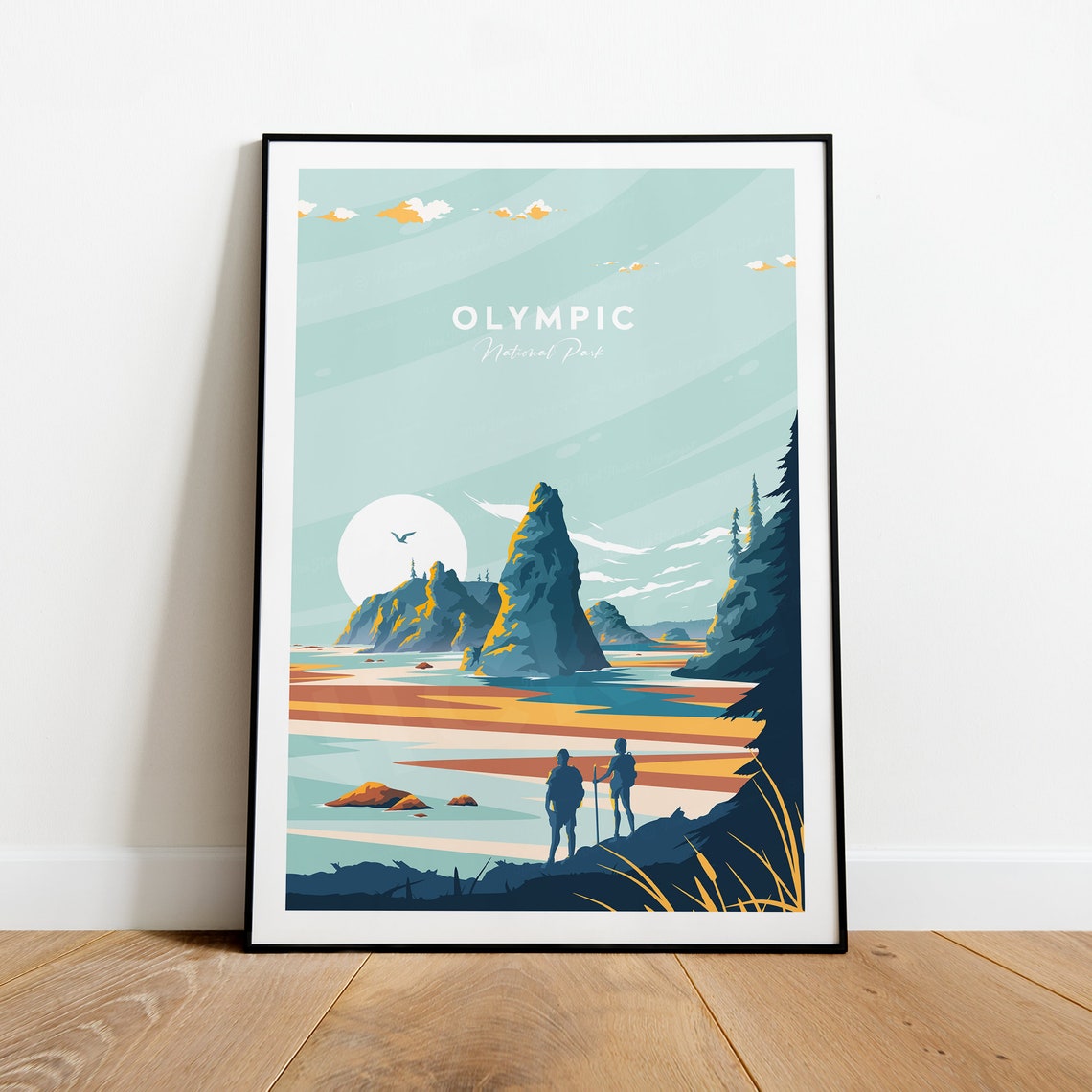 Olympic National Park Rugged Coast Sea Stacks Hikers Sunset Poster