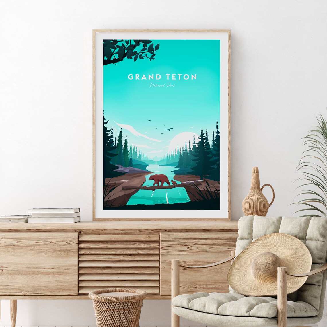 Grand Teton National Park Bears Forest River Wildlife Travel Poster