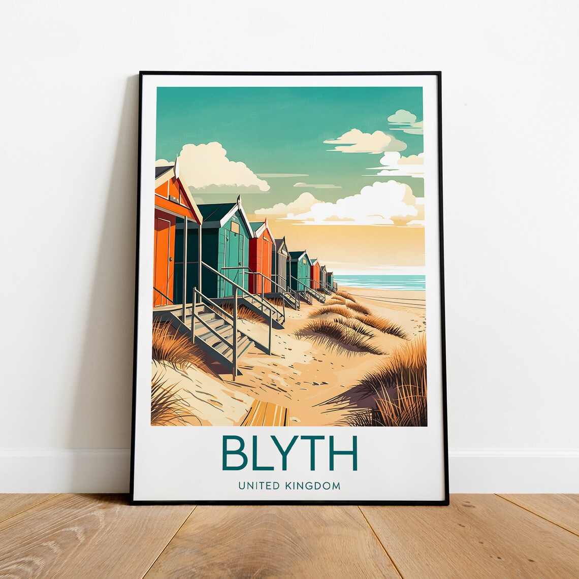 Blyth United Kingdom Colorful Beach Huts Sand Dunes Travel Poster