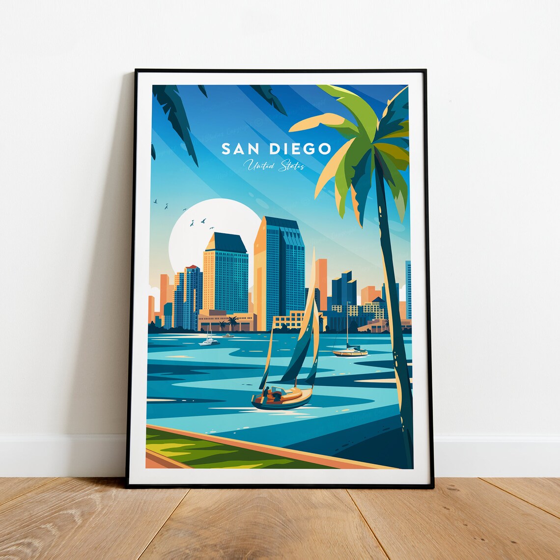 San Diego California Sailboats on Bay Skyline Palm Tree Travel Poster - Image 2