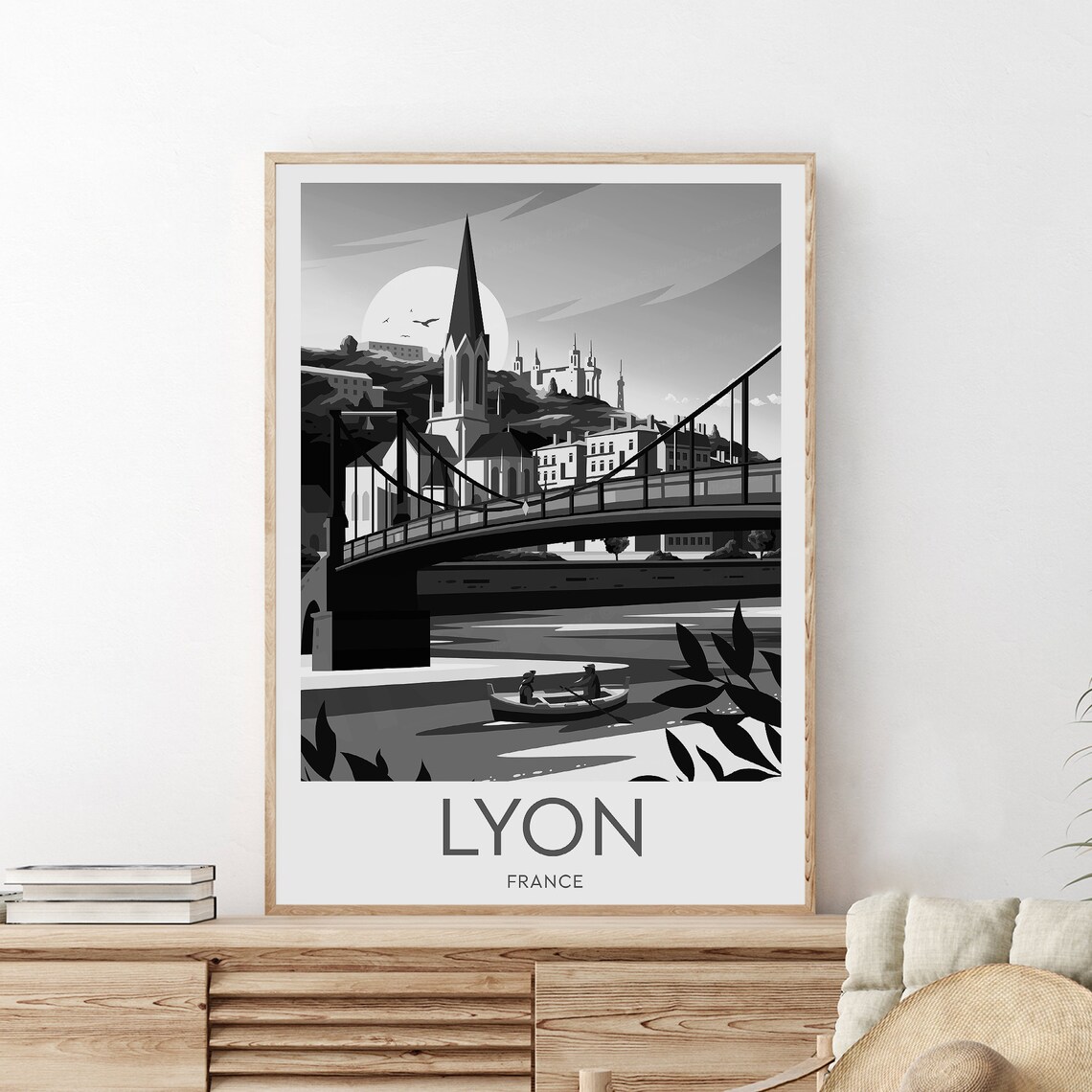 Lyon France Black And White River Bridge Cityscape Travel Poster - Image 2