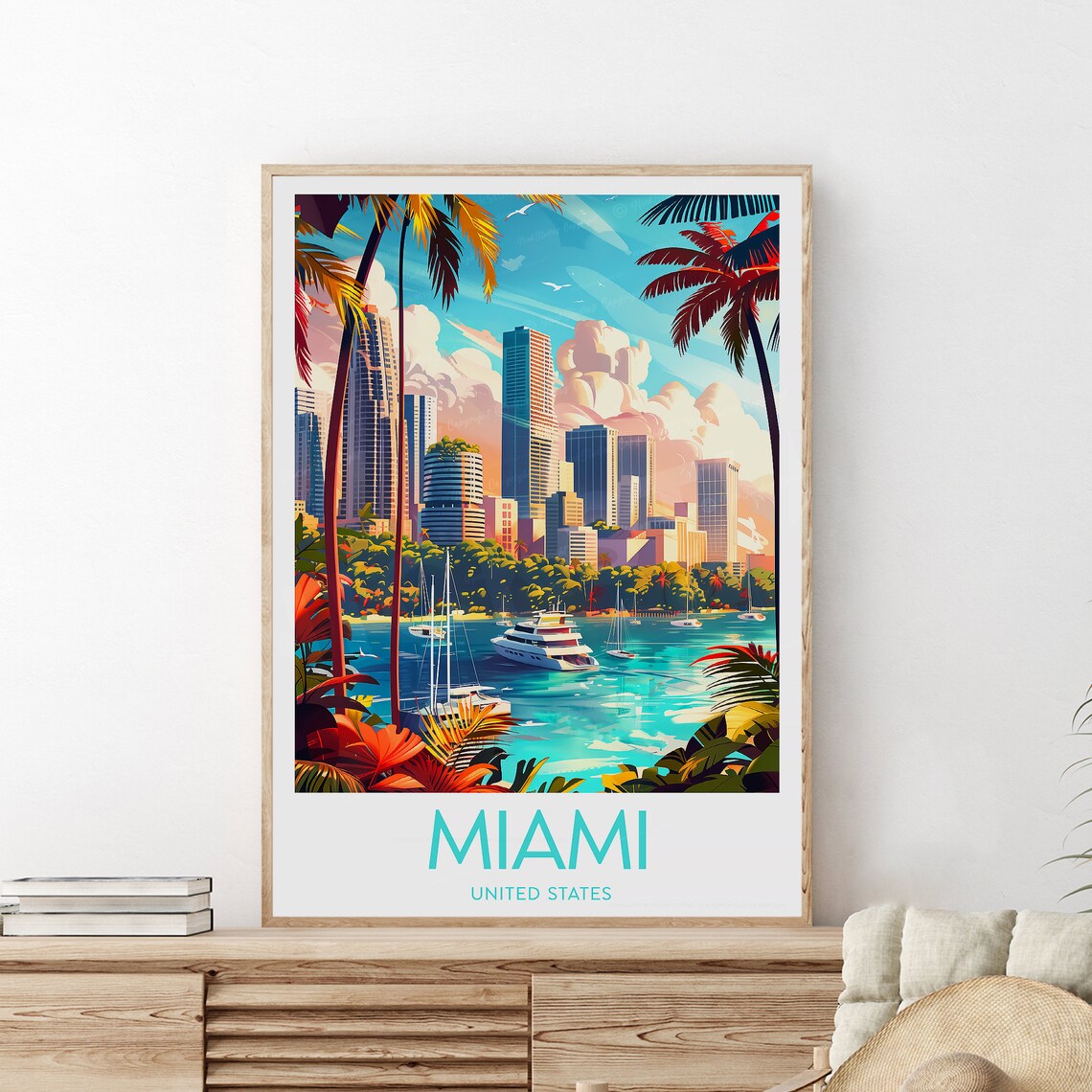 Miami Florida Skyline Palms Marina Yacht Vibrant Travel Poster - Image 2