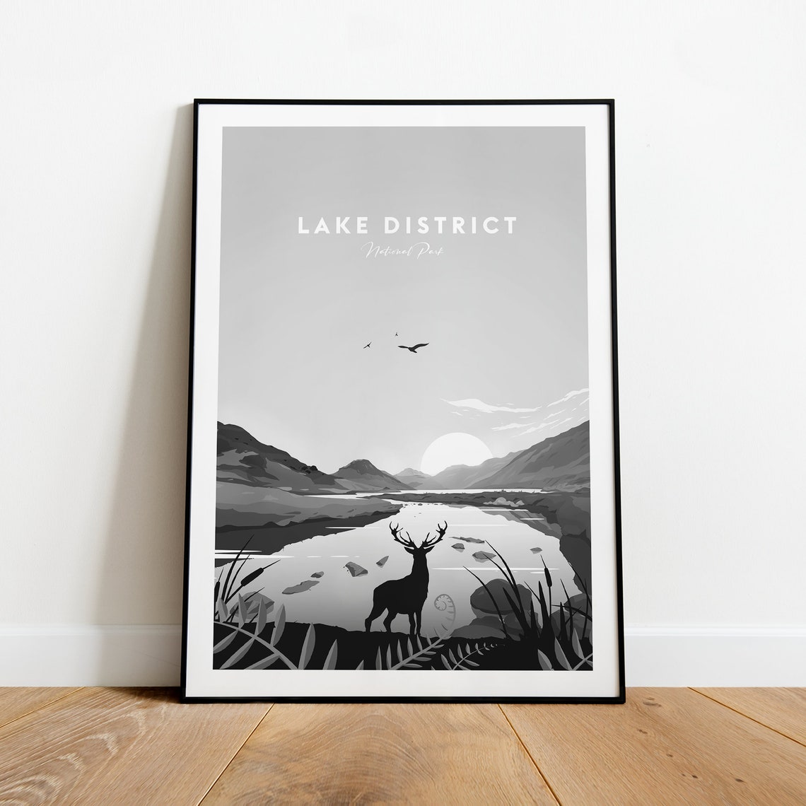 Lake District National Park Monochrome Stag By The Lake Poster