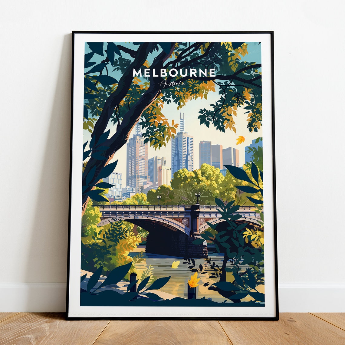 Melbourne Australia Skyline River Bridge Autumn Travel Poster