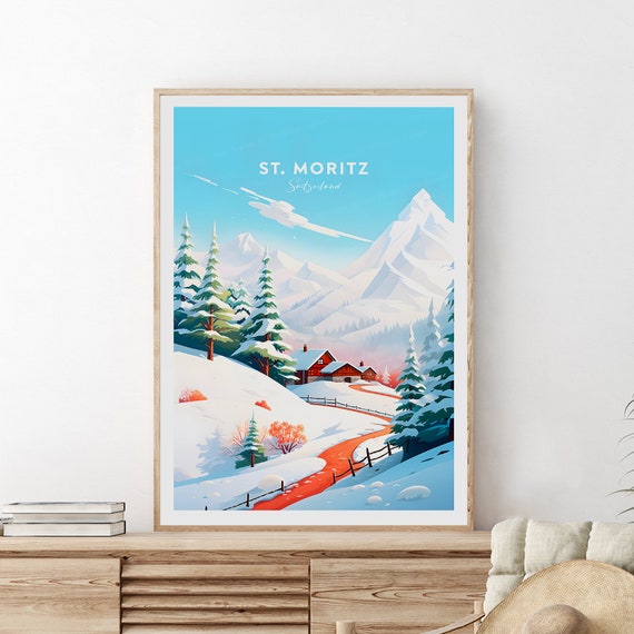 St Moritz Traditional Ski Print Switzerland St Moritz Poster Wedding Gift Birthday