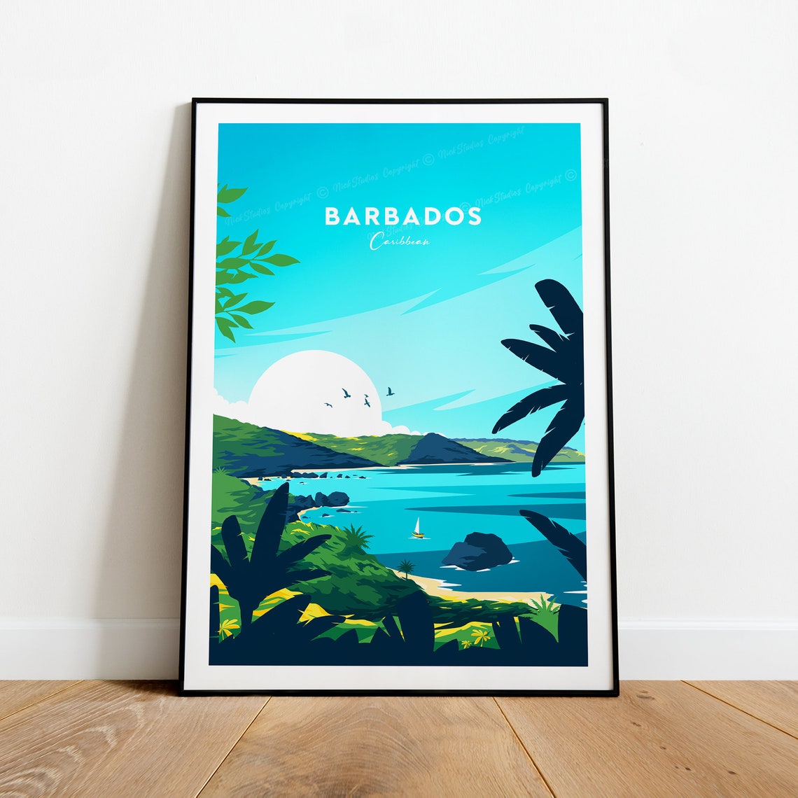 Barbados Caribbean Tropical Cove Palm Silhouette Moon Poster