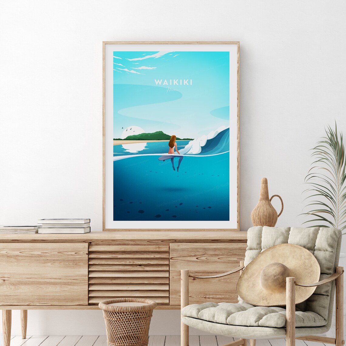 Waikiki Hawaii Surfer Girl Wave Ocean Sunset Beach View Travel Poster