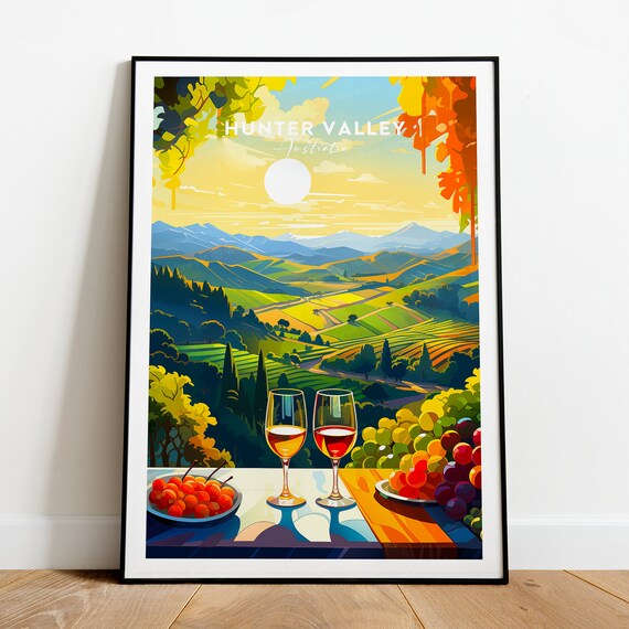Hunter Valley Vineyard Hills at Sunset with Wine Glasses Poster