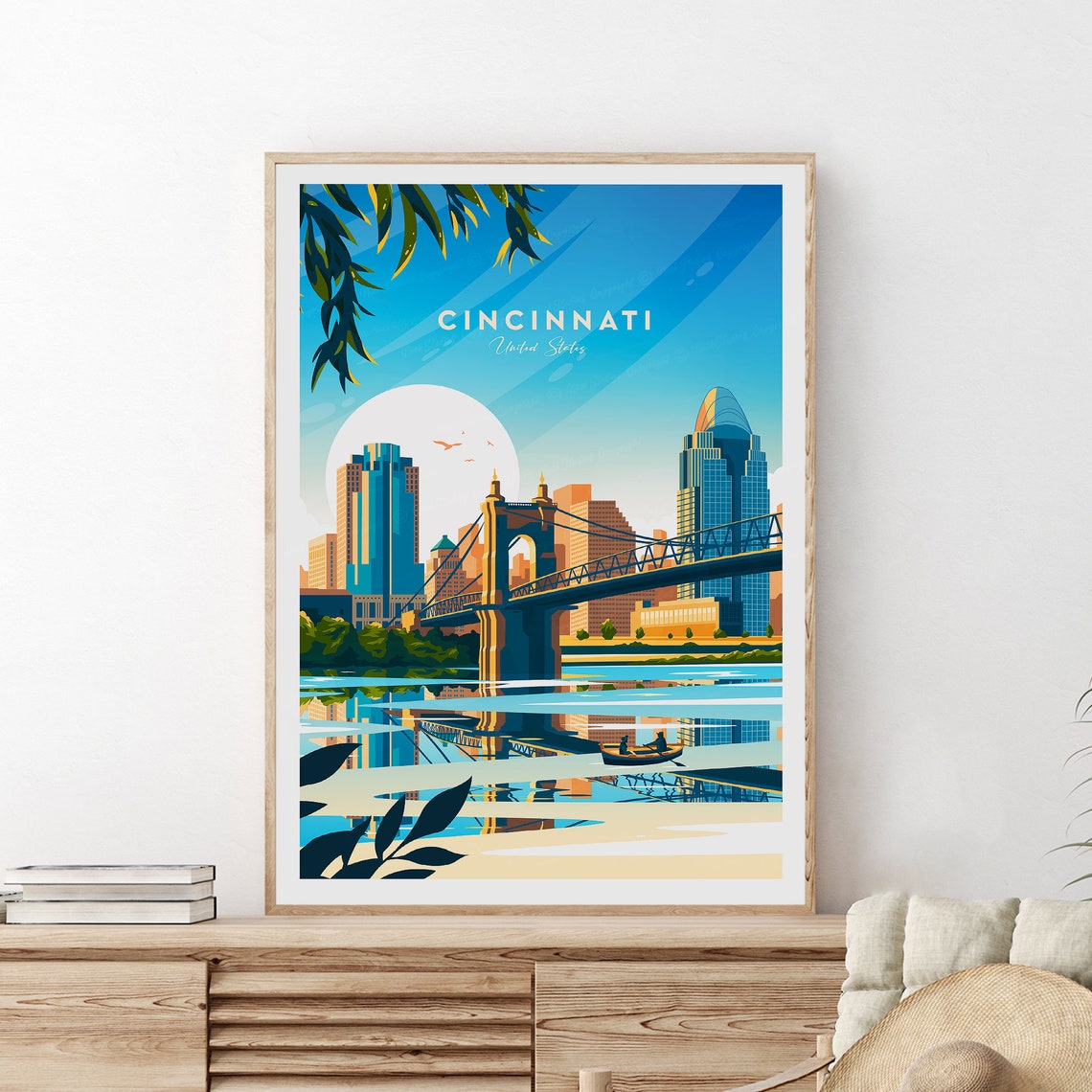 Cincinnati Ohio Riverfront Skyline Suspension Bridge Daytime Poster