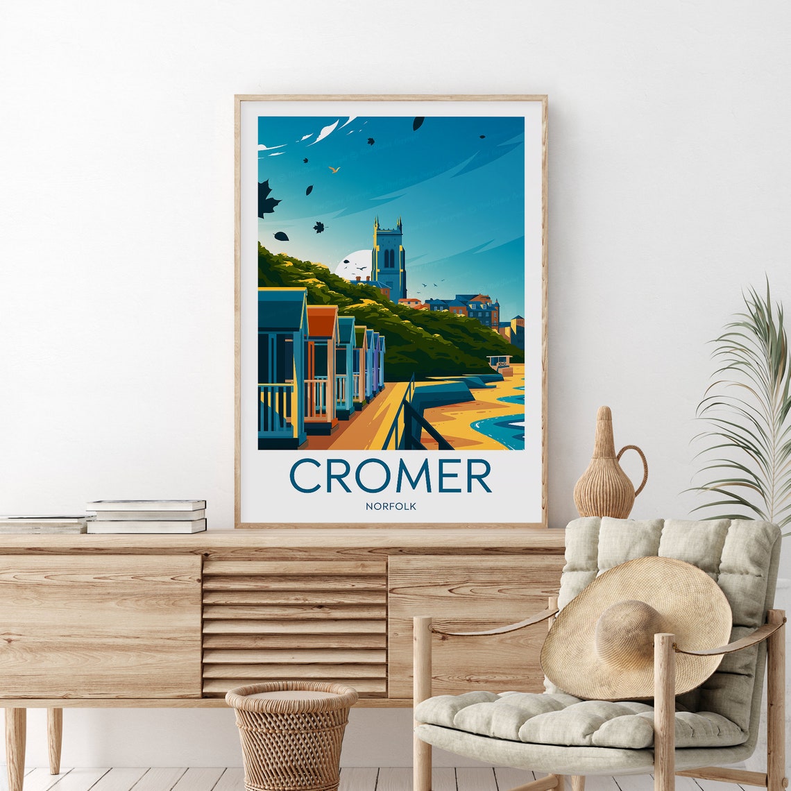 Cromer Norfolk Colorful Beach Huts Church Cliff Coastal Poster - Image 2