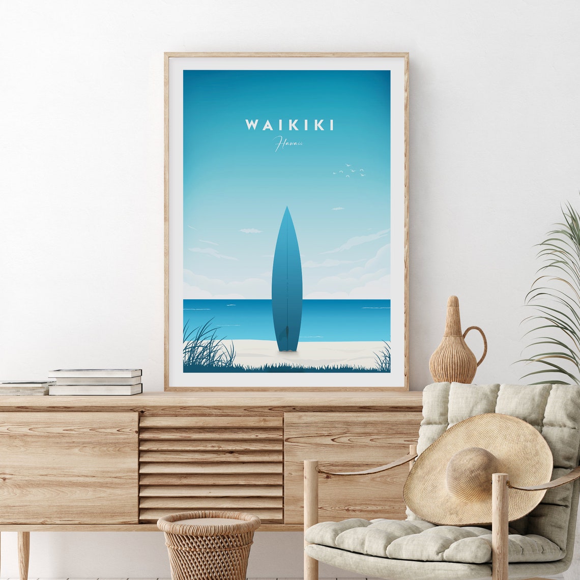 Waikiki Hawaii Surfboard Beach Sunny Minimalist Ocean Art Poster - Image 2