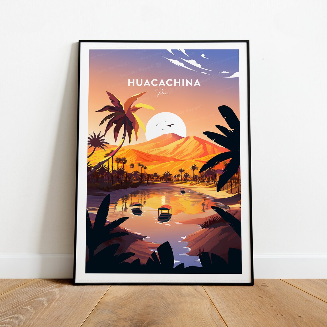 Huacachina Peru Desert Oasis Sunset Lagoon Vintage Travel Poster