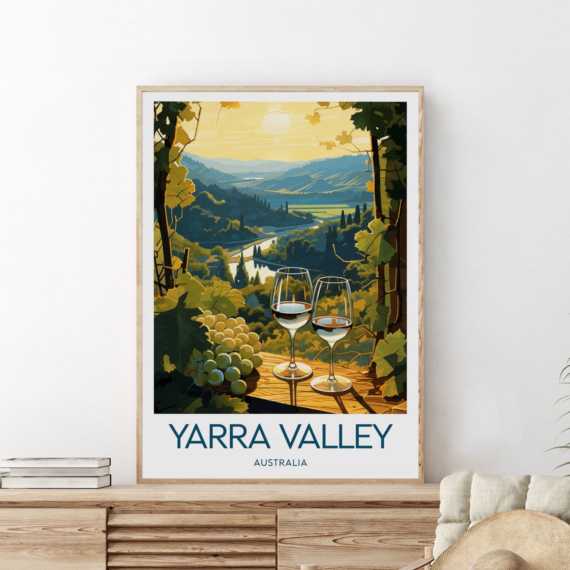 Yarra Valley White Wine Glasses at Sunset Over the River Poster