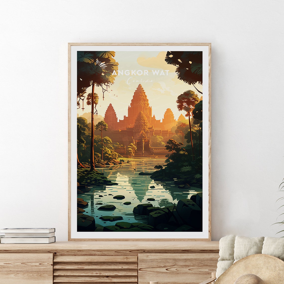 Angkor Wat Cambodia Sunrise Temple Reflection Jungle Travel Poster