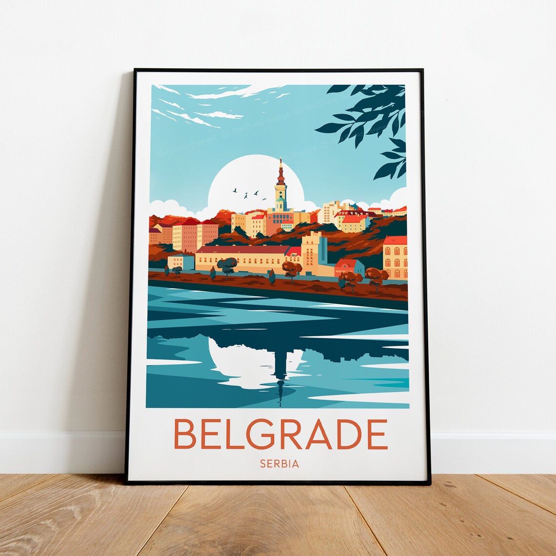 Belgrade Serbia Riverside Skyline Bright Blue Day Travel Poster - Image 2