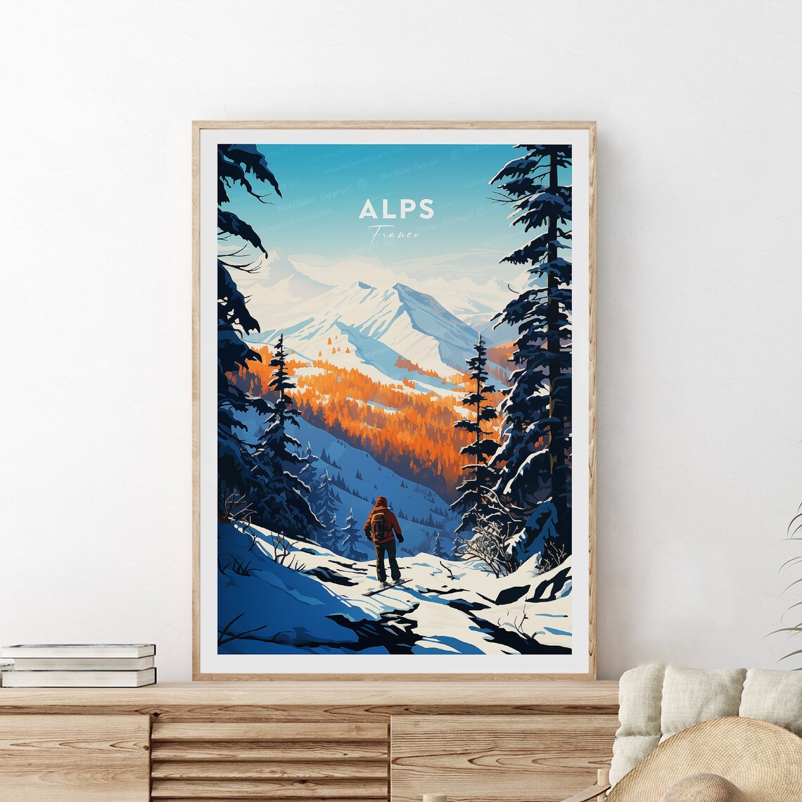 French Alps Winter Snowy Peaks Hiker Pine Forest Travel Poster - Image 2
