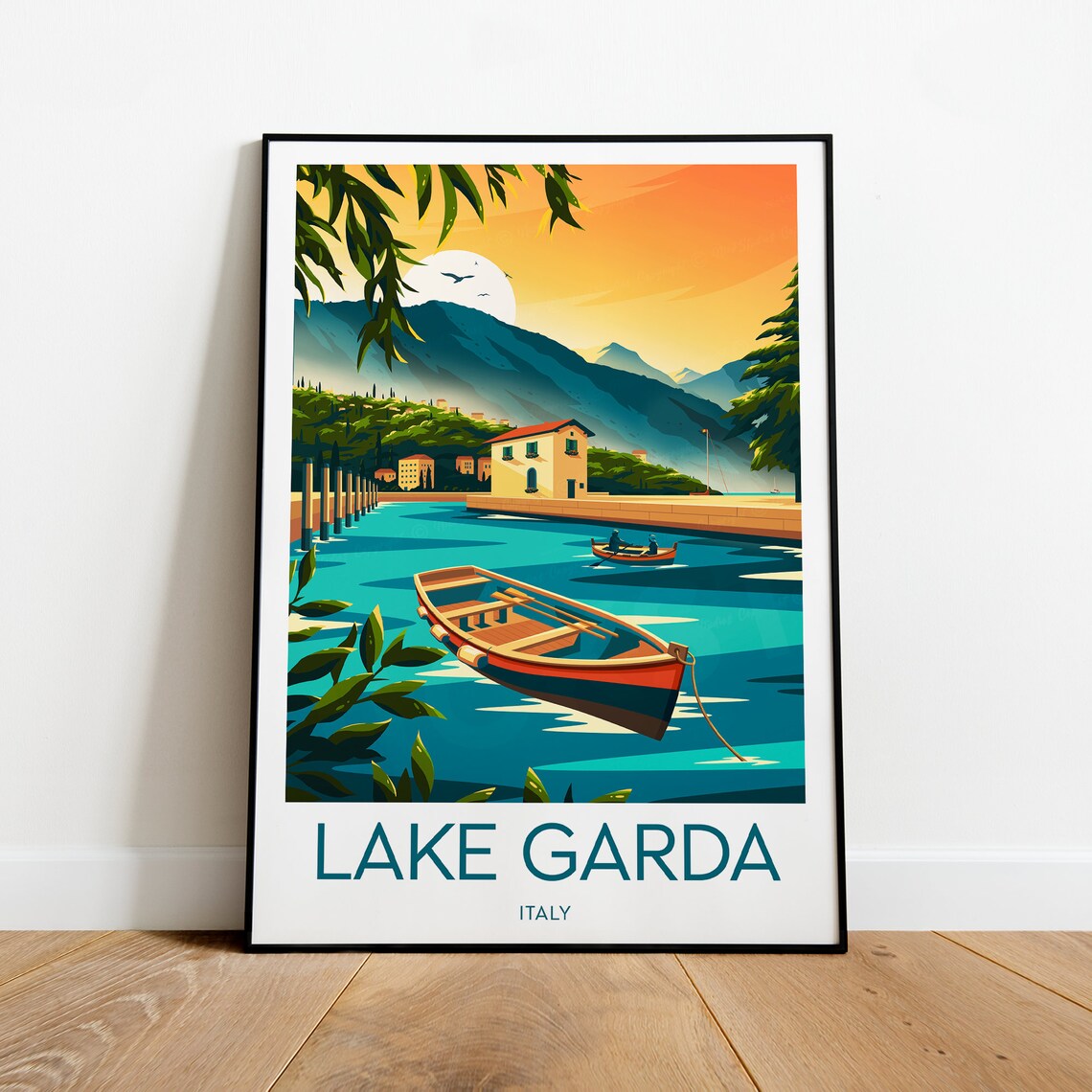 Lake Garda Italy Evening Rowboat Lakeside Town Travel Poster - Image 2
