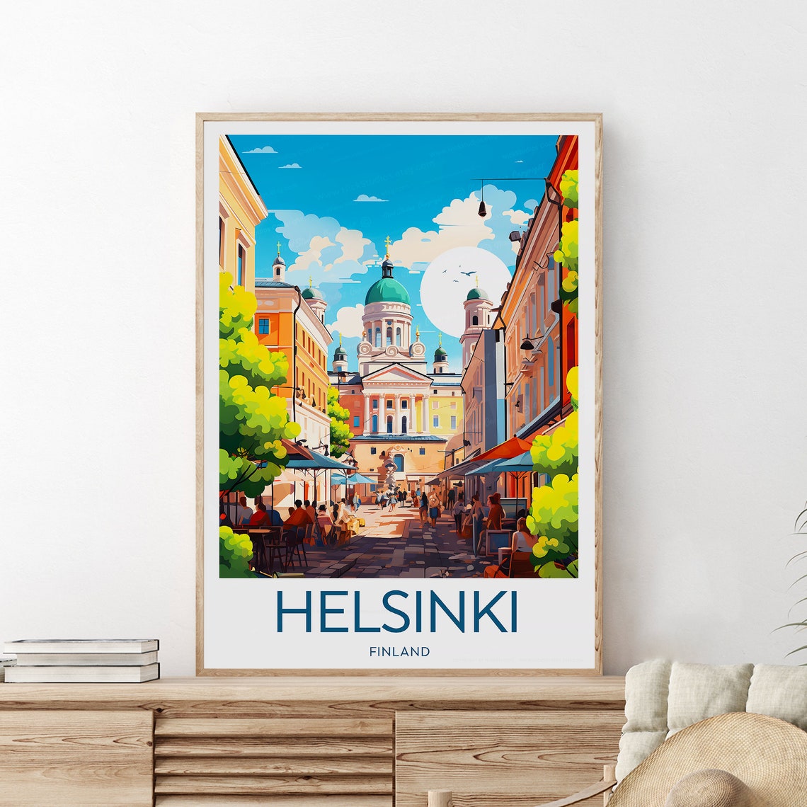 Helsinki Finland Cathedral Street Cafes Sunny Day Travel Poster