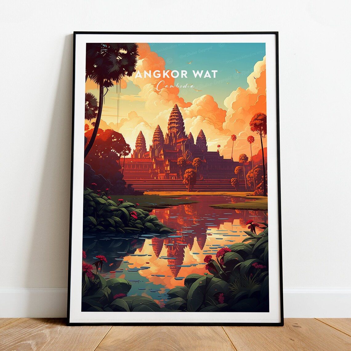 Angkor Wat Cambodia Temple Sunset Reflection Scenic Travel Poster - Image 2