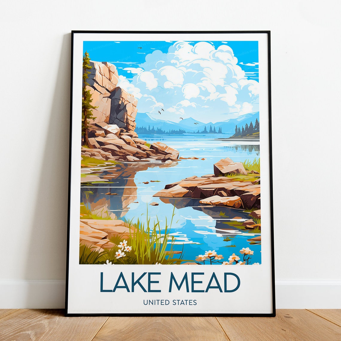 Lake Mead Nevada Tranquil Rocky Shore Reflection Travel Poster - Image 2