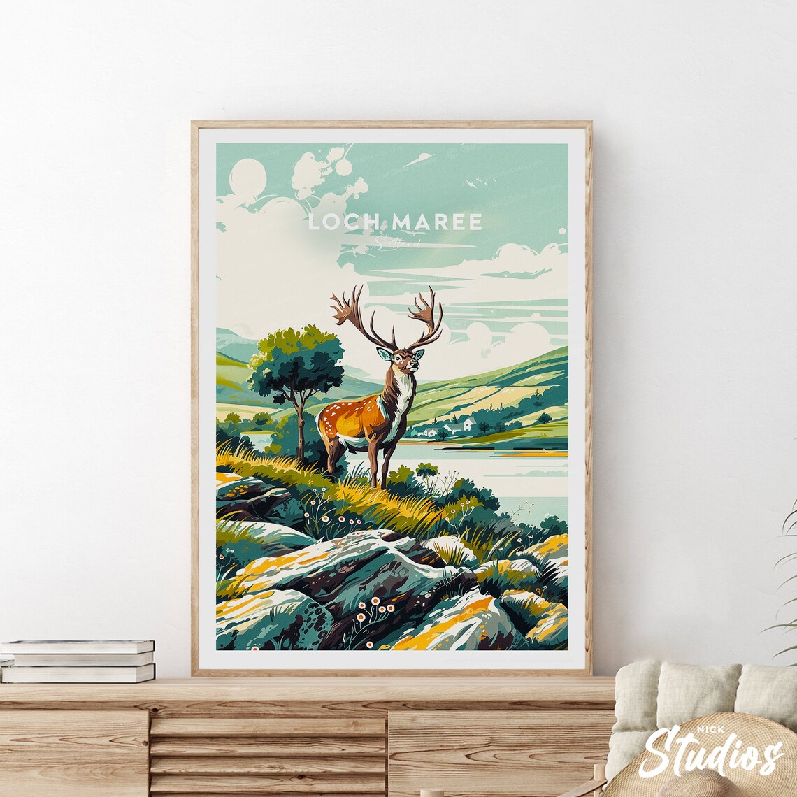 Loch Maree Scotland Stag Vintage Landscape Art Travel Poster