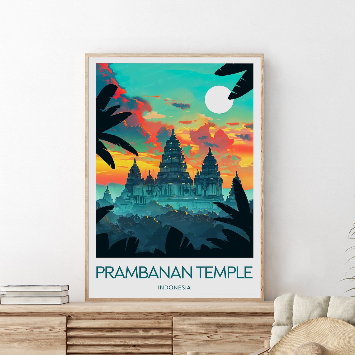 Prambanan Temple Indonesia Sunset Silhouette Vintage Travel Poster