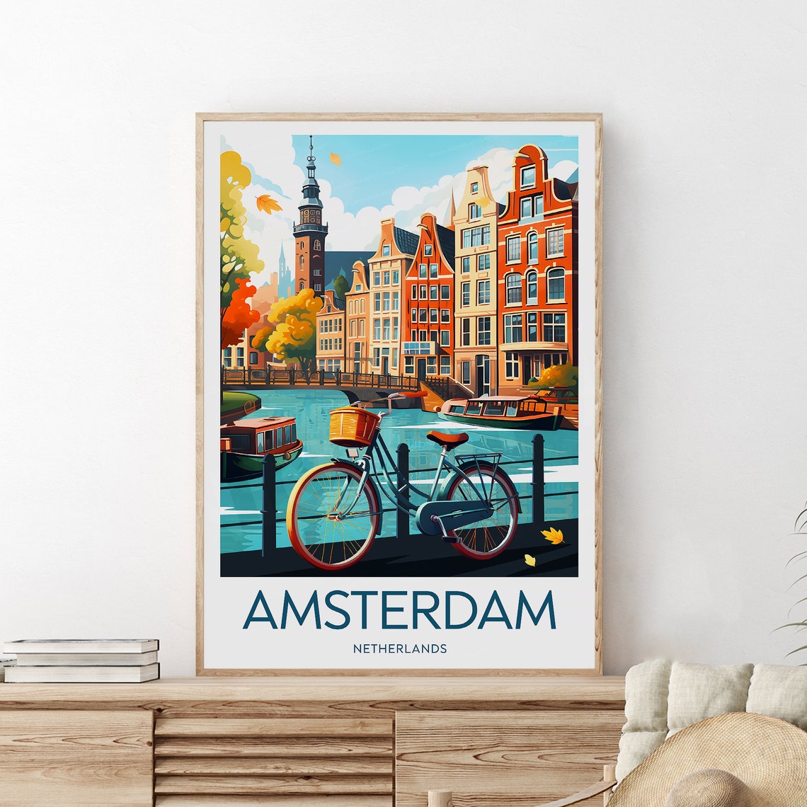 Amsterdam Netherlands Canal Bicycle Bridge Autumn Scene Poster - Image 2