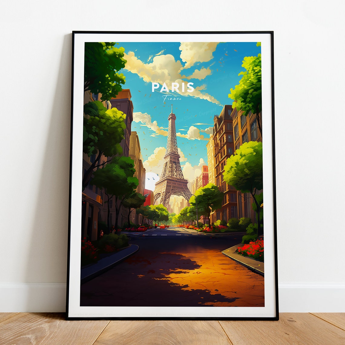 Paris Eiffel Tower Sunlit Tree Lined Street Scene Travel Poster