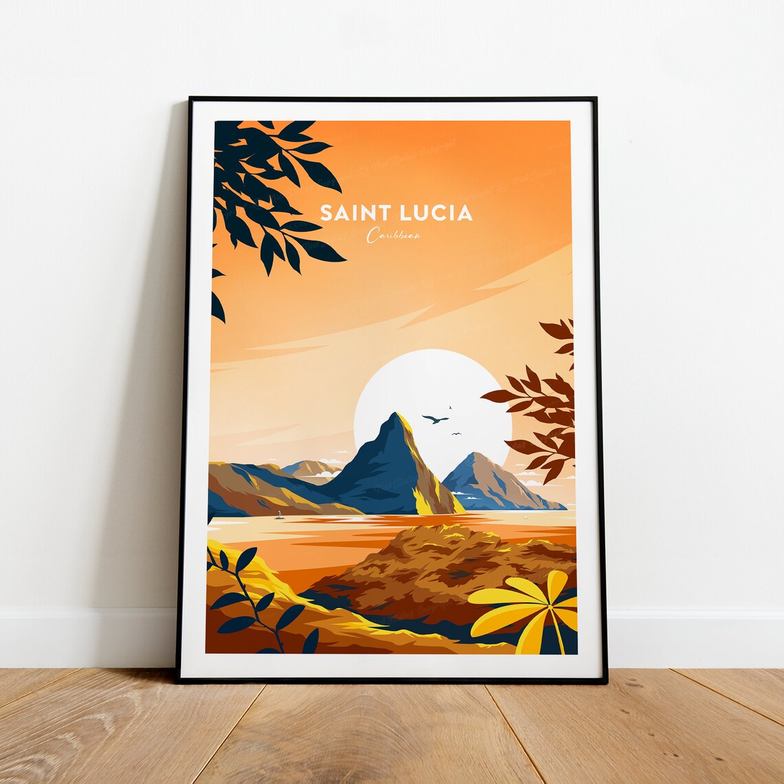 Saint Lucia Caribbean Sunset Over the Piton Peaks Travel Poster - Image 2