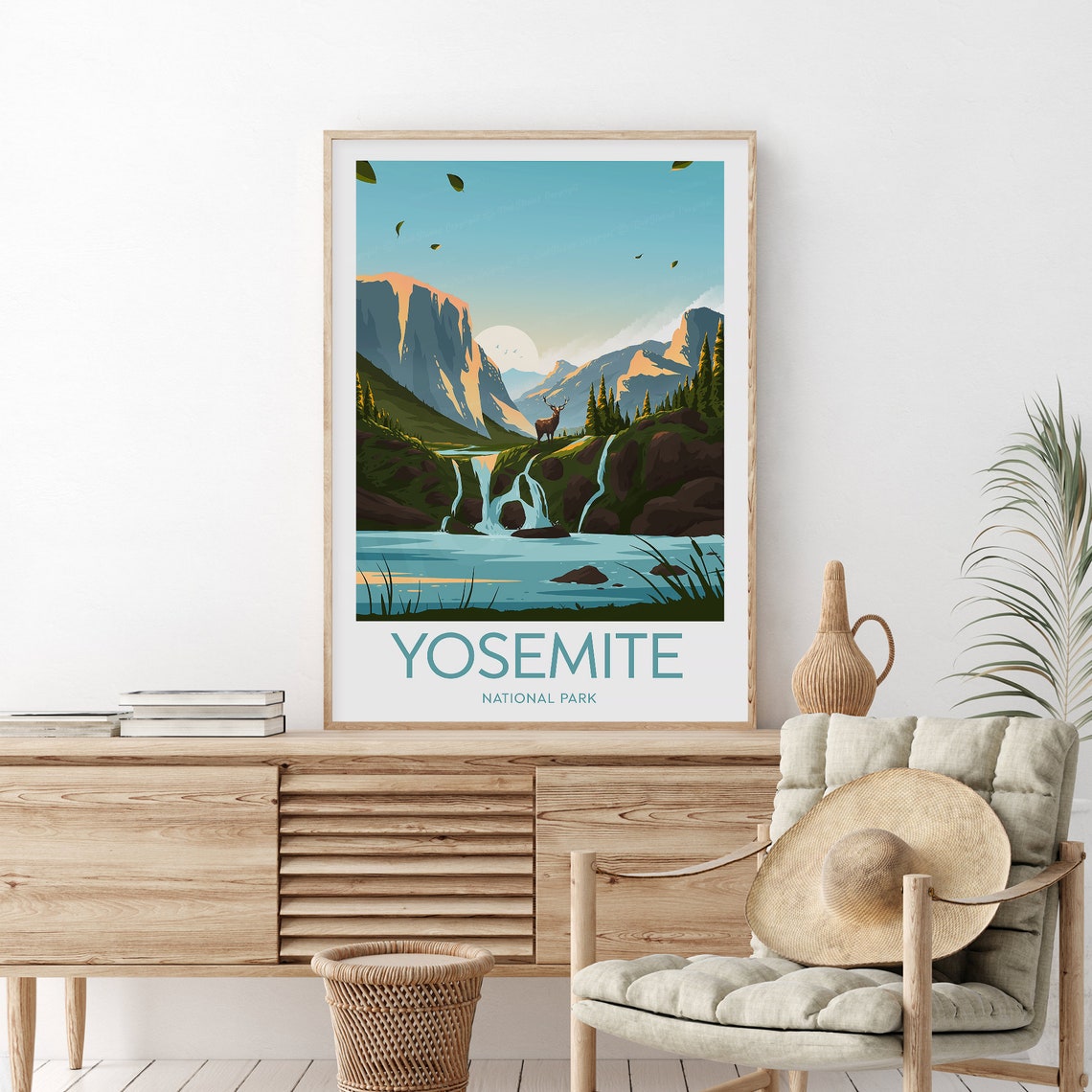 Yosemite National Park Valley Waterfalls And Moonlight Poster