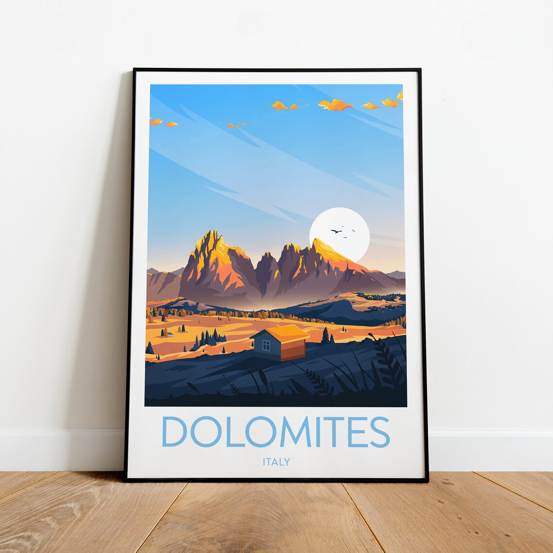 Dolomites Italy Alpine Mountain Peaks Sunset Cabin Travel Poster - Image 2