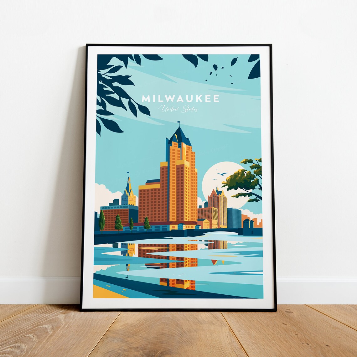 Milwaukee Wisconsin Riverside Downtown Skyline Vintage Travel Poster