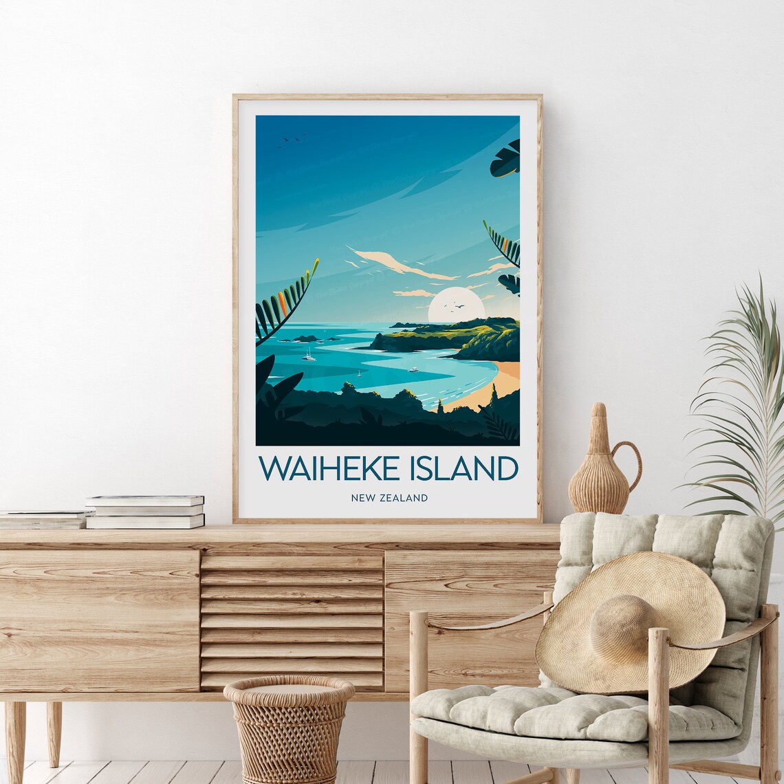 Waiheke Island New Zealand Golden Bay Sailboats Island Travel Poster