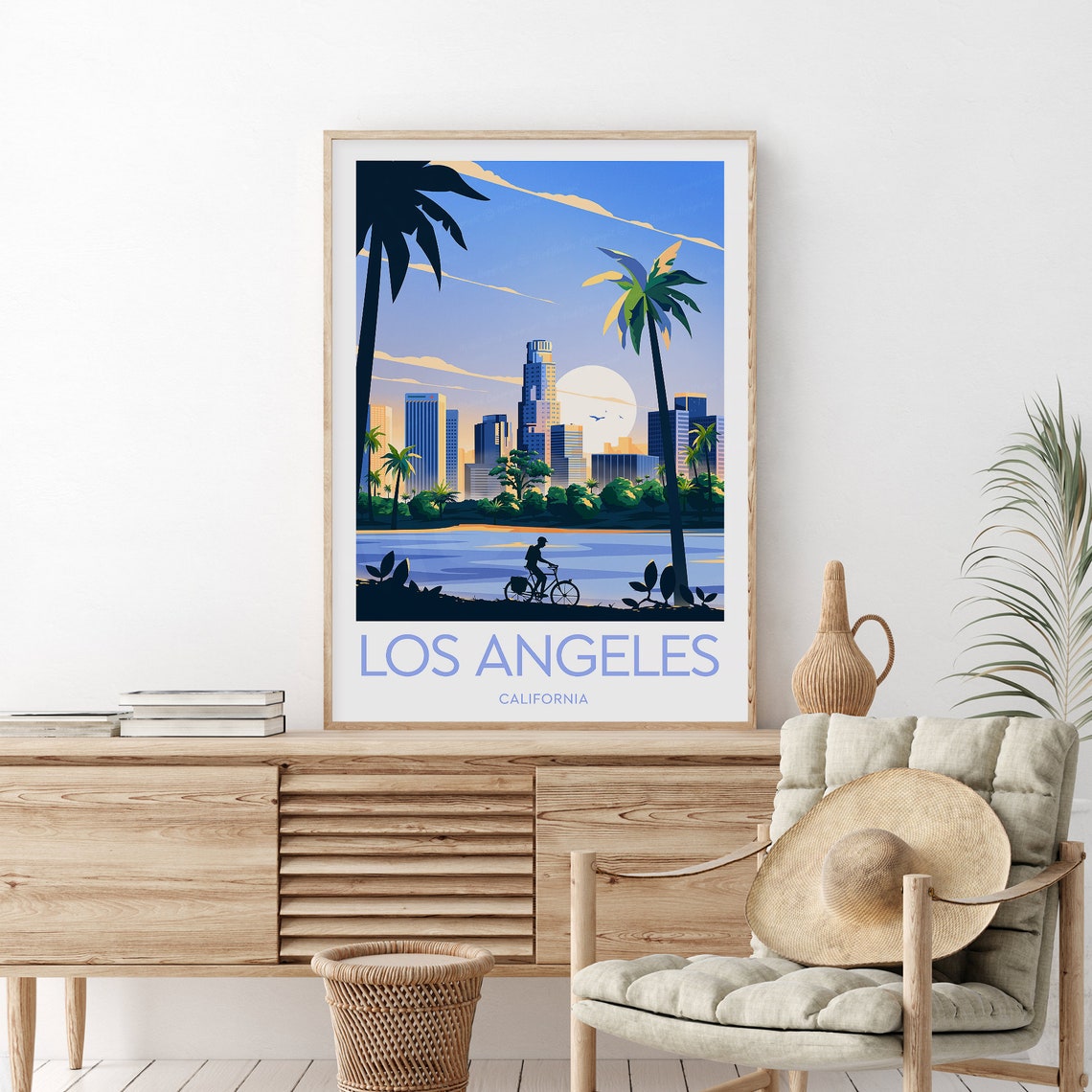 Los Angeles Skyline at Sunset with Palm Trees and Cyclist Poster