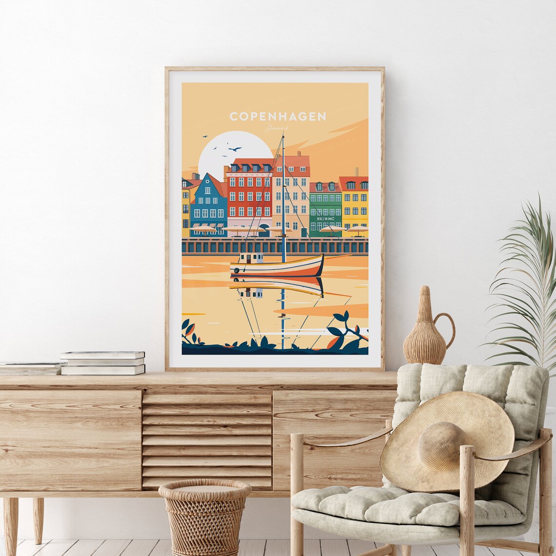 Copenhagen Denmark Nyhavn Harbor Tall Ship Sunset Travel Poster