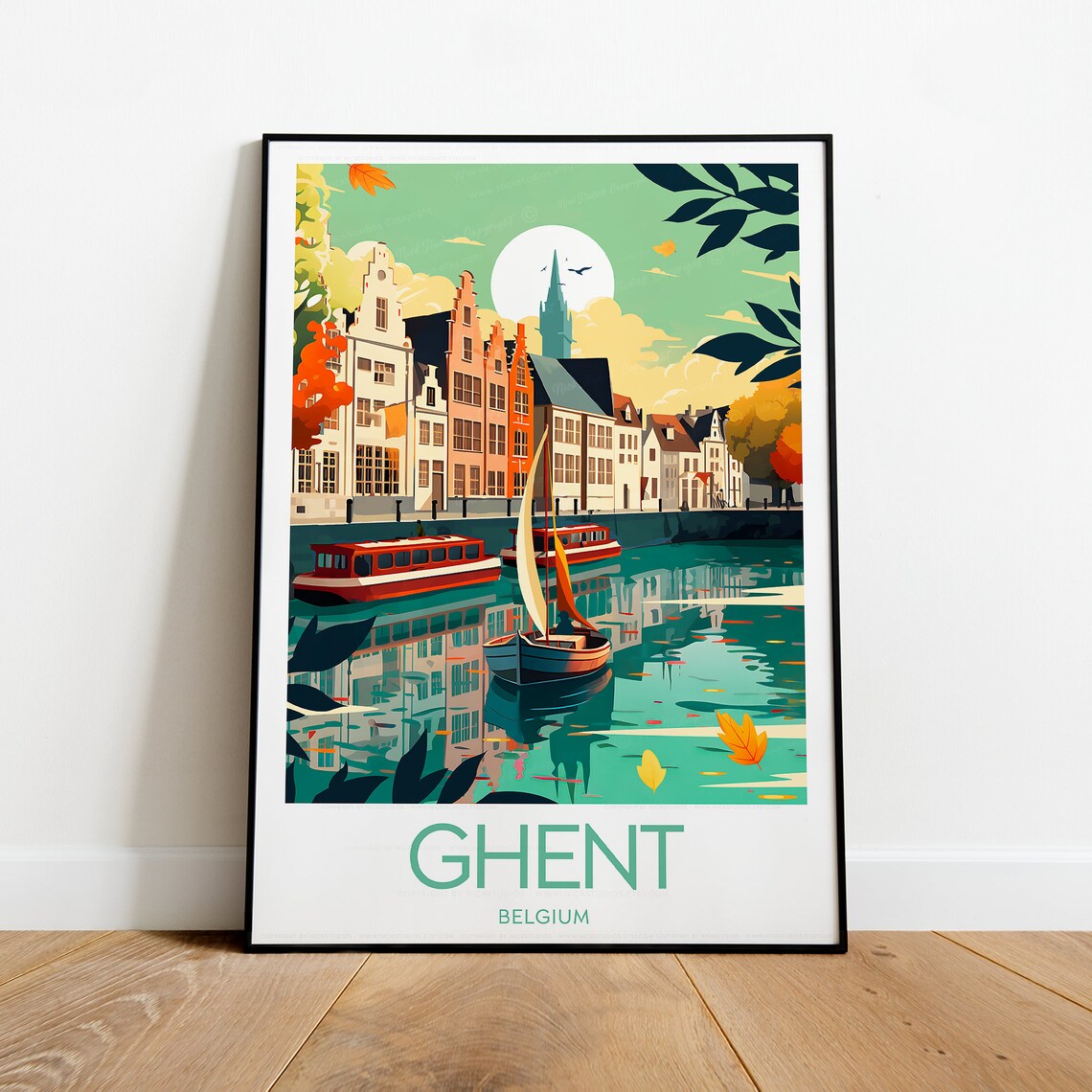 Ghent Belgium Canal Sailboat Historic Houses Reflection Travel Poster - Image 2