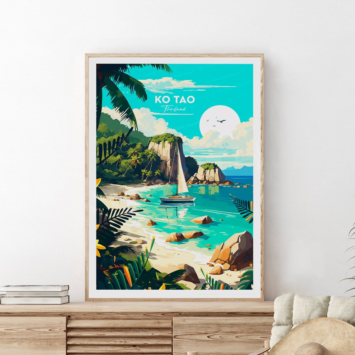 Ko Tao Thailand Sailboat in Turquoise Rocky Cove Travel Poster