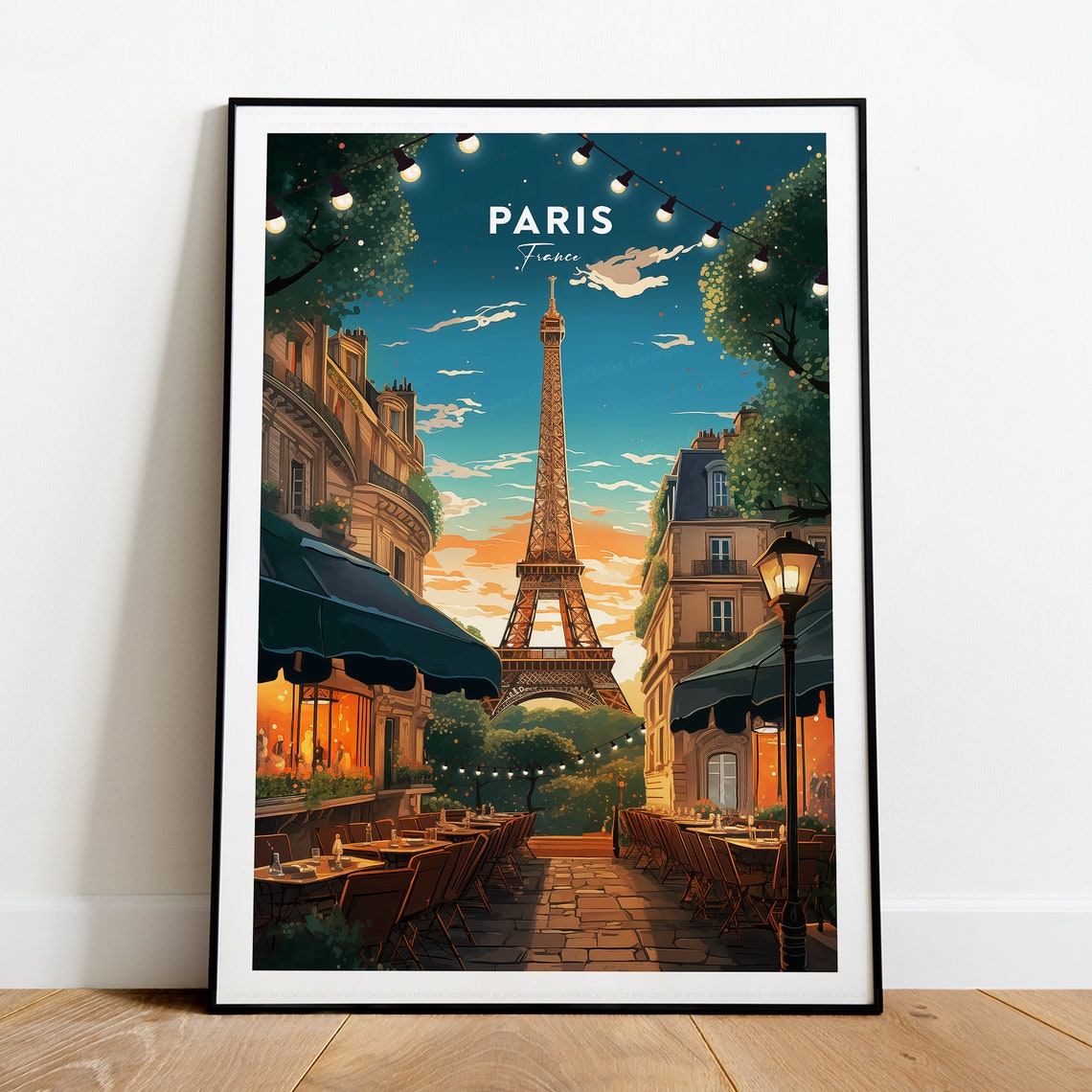 Paris Eiffel Tower Evening Cafe Terrace String Lights Travel Poster