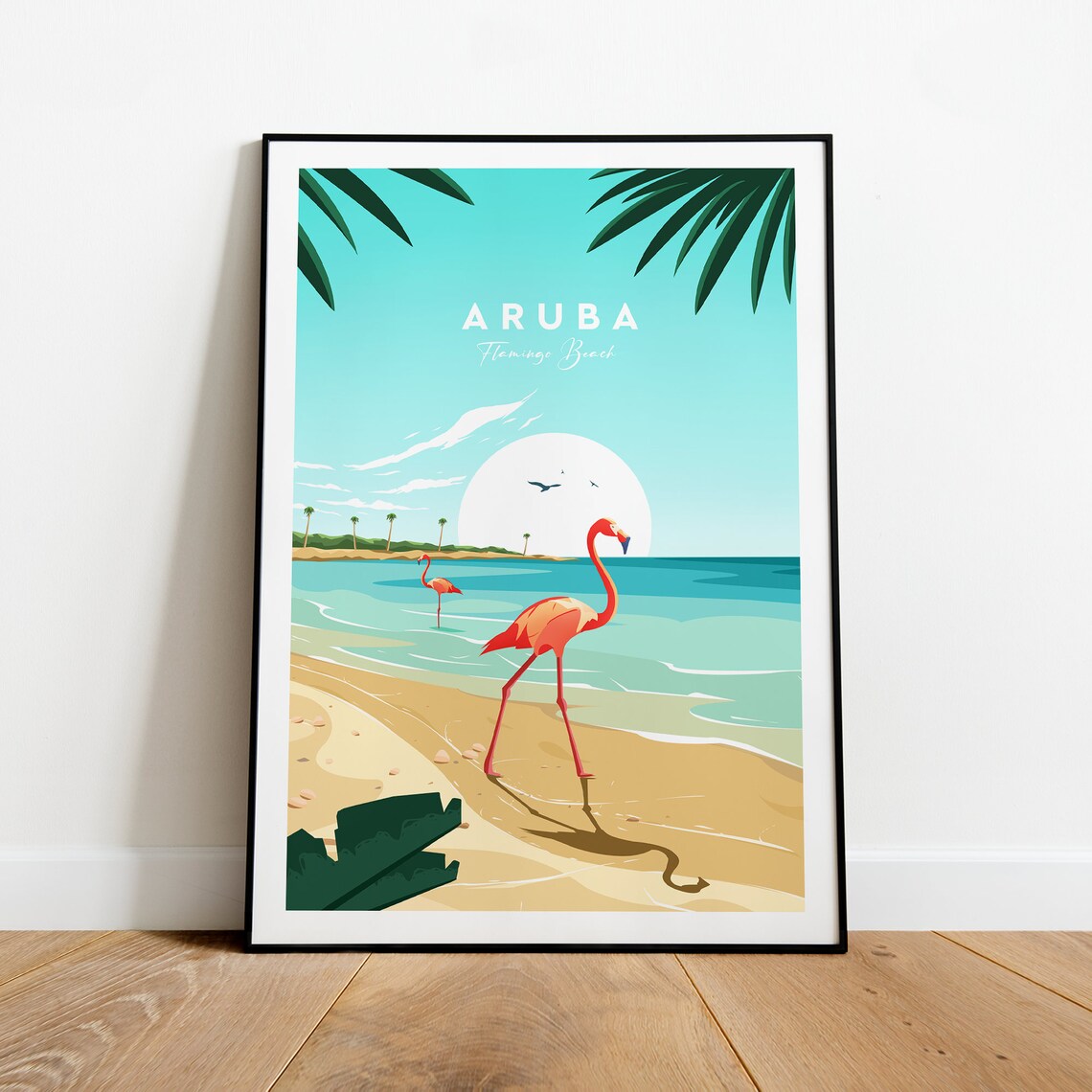 Aruba Flamingo Beach Pink Flamingos on Sand Travel Poster Caribbean - Image 2