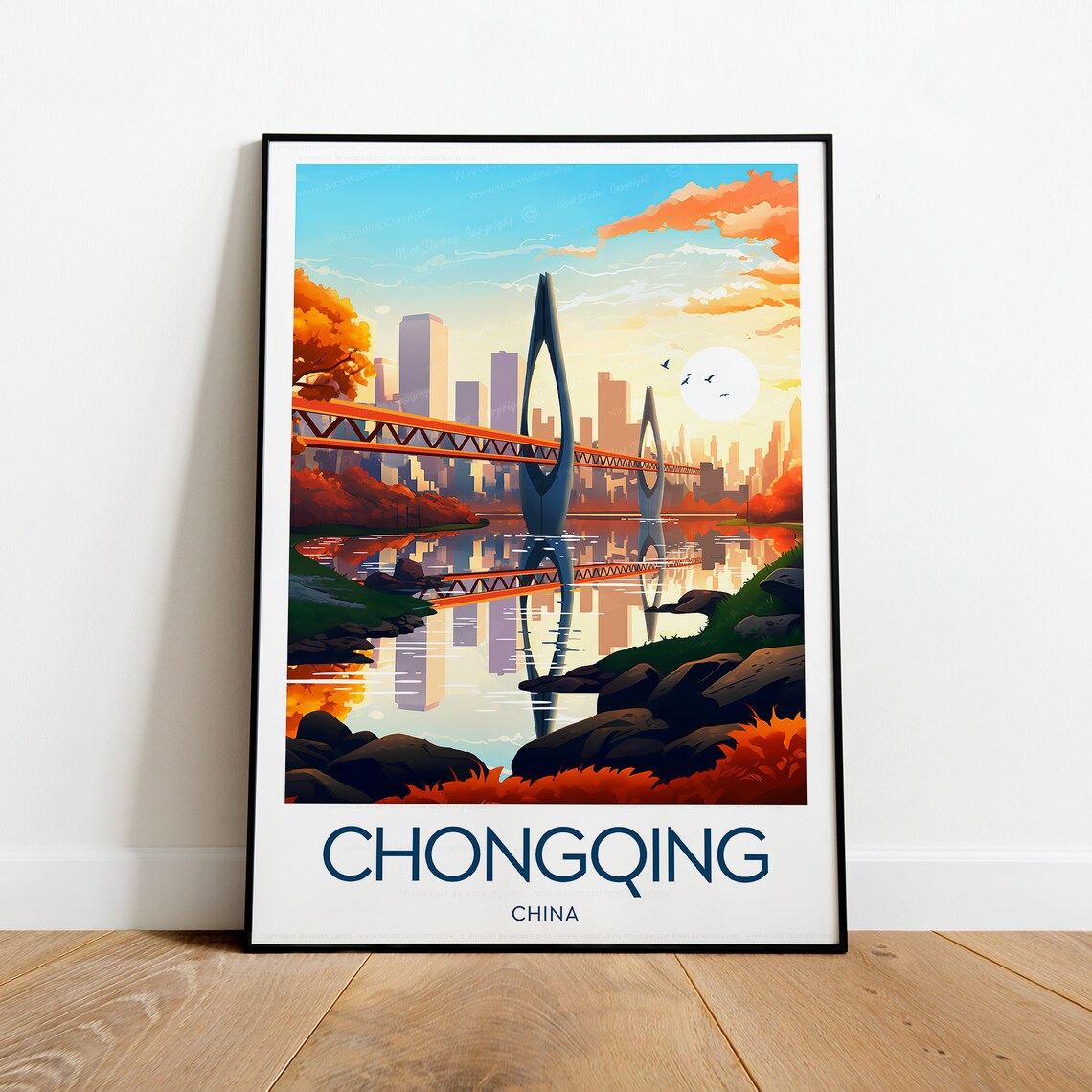 Chongqing China Sunset River Bridge Skyline Retro Travel Poster