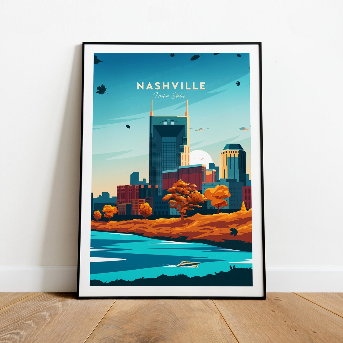 Nashville Autumn Skyline Sunset River Cityscape Travel Poster
