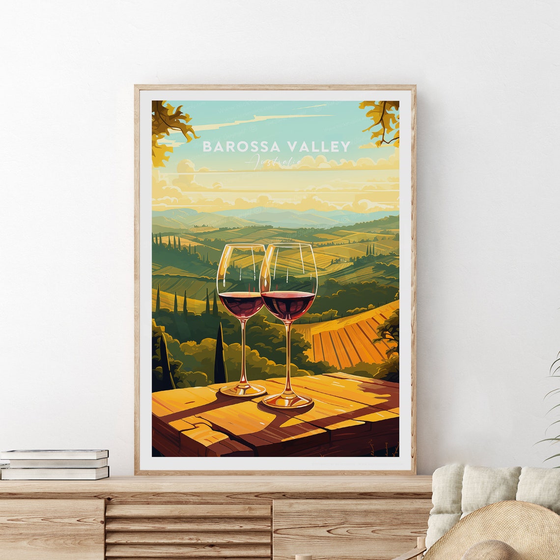 Barossa Valley Two Red Wine Glasses Over Golden Hills Poster