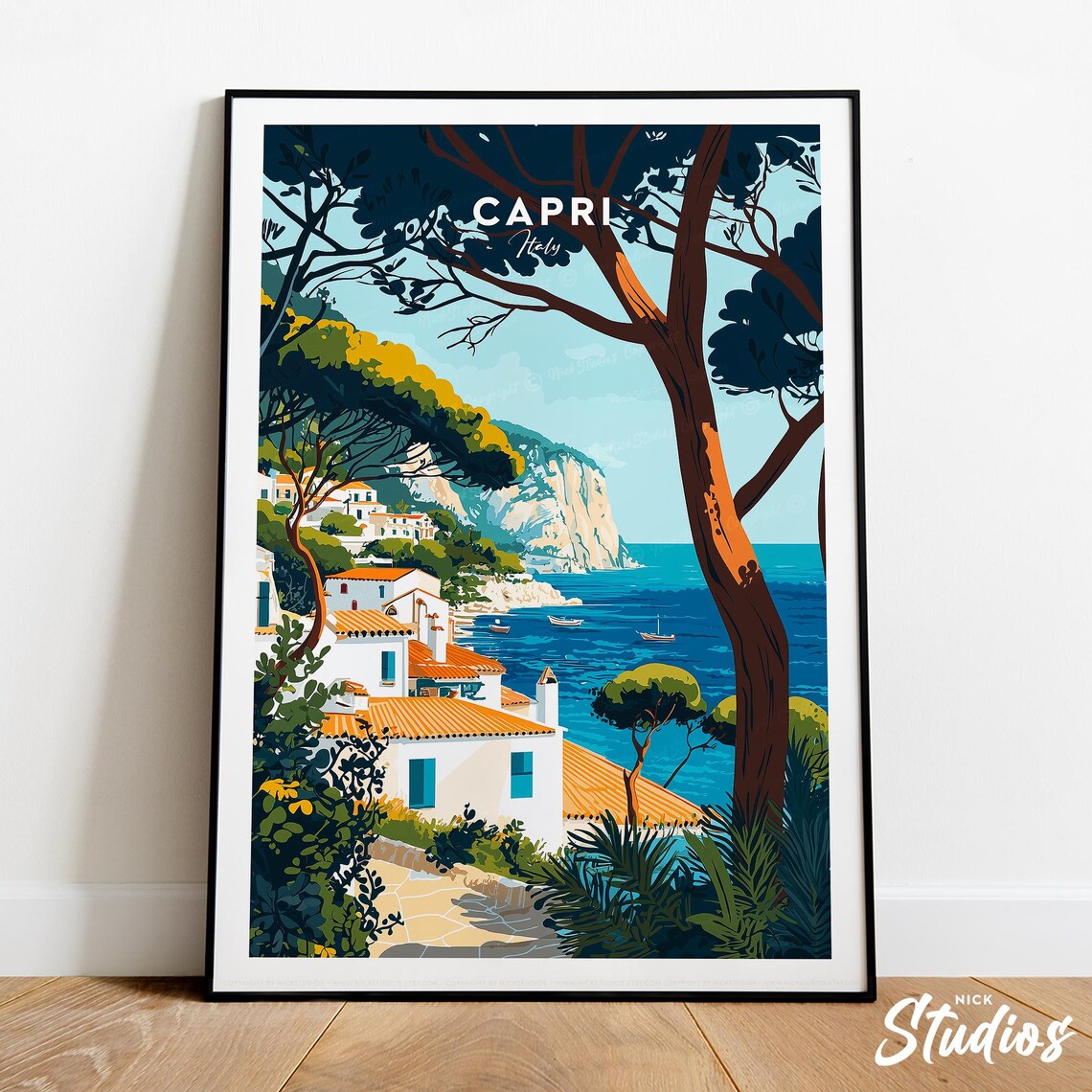 Capri Italy Island Coast Pine Trees Boats Coastal Travel Art Poster